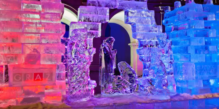 an image of the Ice Nativity scene in Graz, Austria