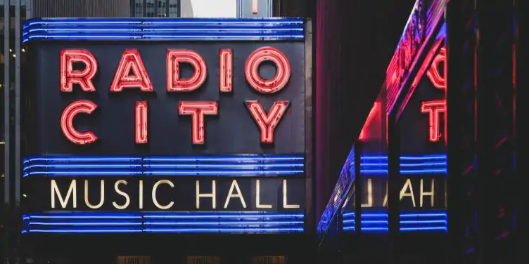  View of the famous radio city music hall sign in New York 