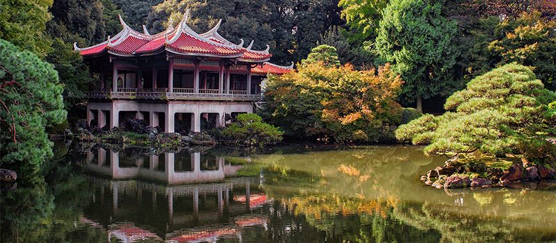 Japanese Building In Tokyo Garden Overlooking Lake