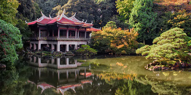 Japanese Building In Tokyo Garden Overlooking Lake