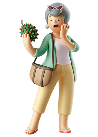 Martha holding exotic fruit, surprised