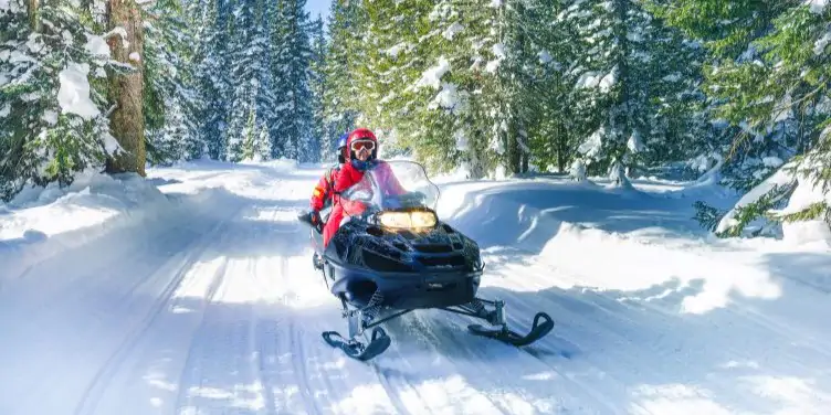 A couple riding on a snowmobile through the Alps