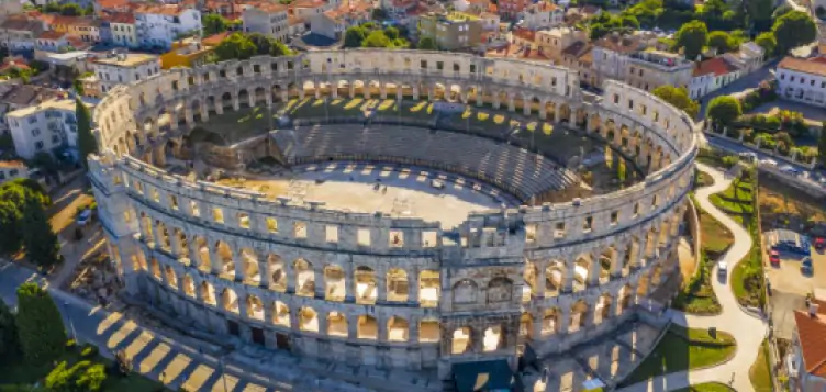 Aerial view over an Amphitheater in Pula, aerial view, Pula, Croatia
