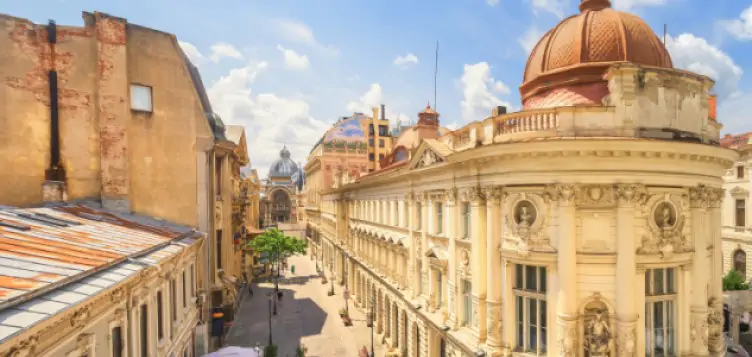A street view of the old town of Bucharest, Romania on a sunny day