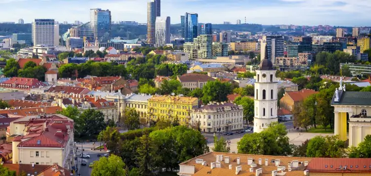 Aerial view of the old town and the modern center of Vilnius, Lithuania