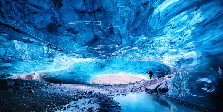 Inside a glacial ice cave in Iceland