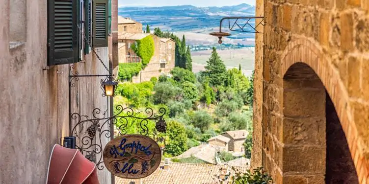 an image of the local hills from a street in Montalcino, Italy