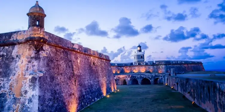 Castillo de San Cristobal, one of the largest European fortresses in the Americas, at dusk, San Juan, Puerto Rico