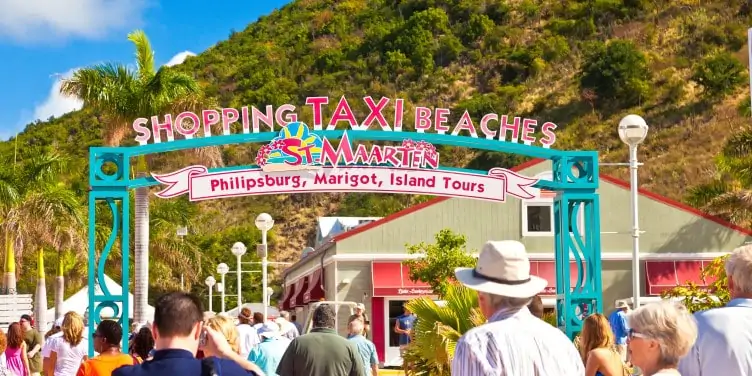 a sign for Philipsburg, St Maarten, reading ‘shopping, taxi, beaches’