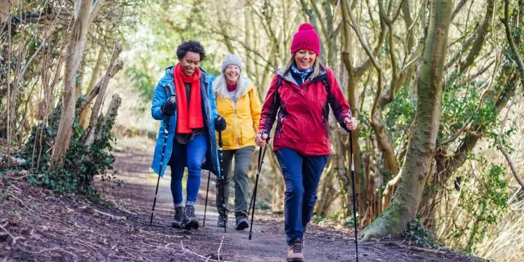 3 women in winter clothing hiking in County Durham in The North East Of England