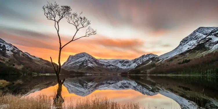 Dramatic winter sunrise over Buttermere in the Lake District
