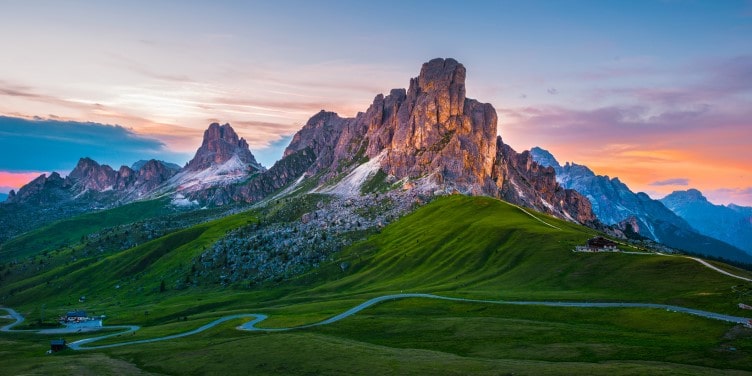 Sunset of Pass Giau, a high mountain pass in the Dolomites