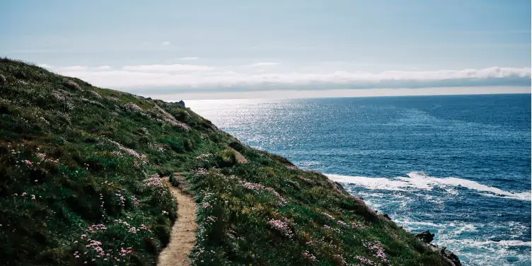An image of the sea and a cliff with a walking path from the Cornish Coast Path