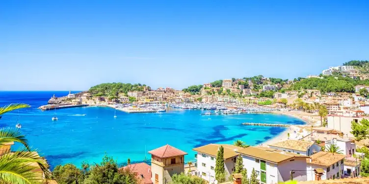 Panoramic view of the harbour in Puerto de Soller in Mallorca