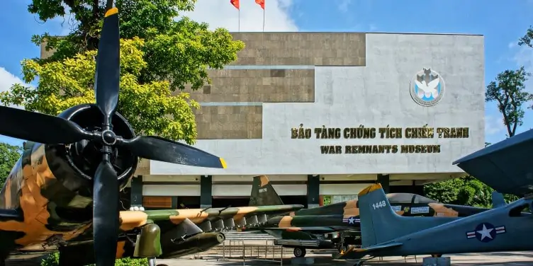 Retired US helicopters and aeroplanes stand outside the War Remnants Museum in Vietnam