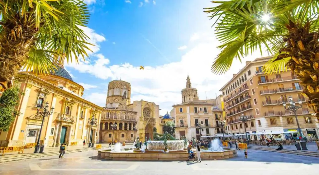 Panoramic view of Plaza de la Virgen (Square of Virgin Saint Mary) and Valencia old town, Spain
