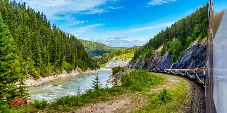 Rocky Mountaineer train traveling through the Rocky Mountains