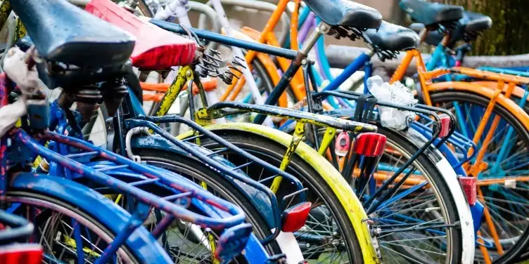 Close up of bikes in a bike rack in Amsterdam