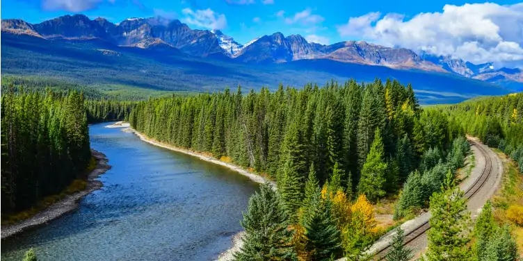 Curve railway in Canadian rockies in autumn, Banff, Canada