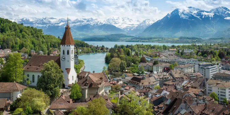 An image of the town of Thun and Thun Lake, Switzerland