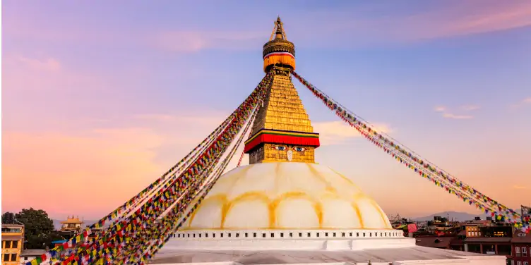 an image of the Boudhanath Stupa in Kathmandu, Nepal - a sacred Buddhist landmark and the world’s largest stupa