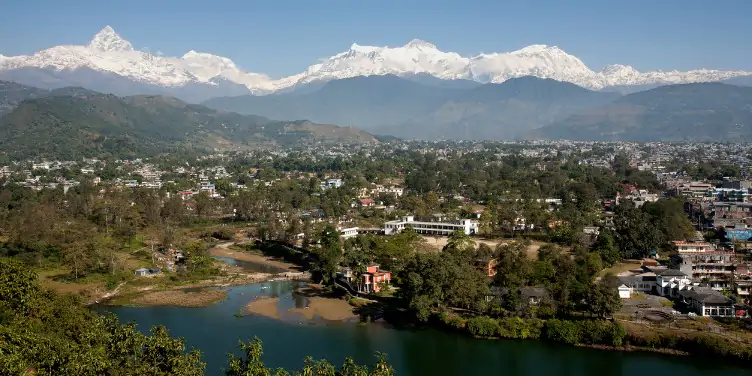 an image of Machapuchare, a mountain in the Himalayas, from Pokhara, Nepal