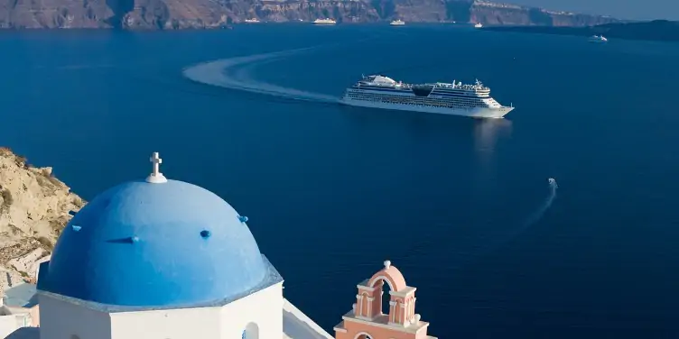 Cruise ship in the Mediterranean, near Santorini, Greece
