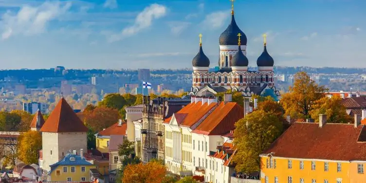 Aerial view across Old Town, Tallinn. 