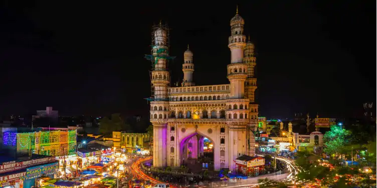 Wide angle view of Charminar, India at night