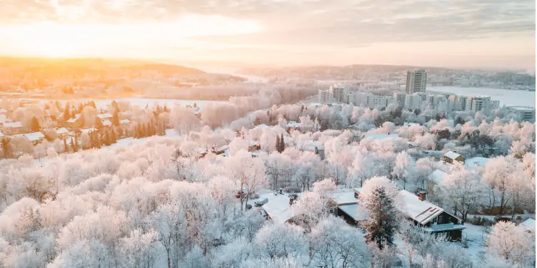 View of Turku, Finland with a blanket of snow covering the town/surrounding trees