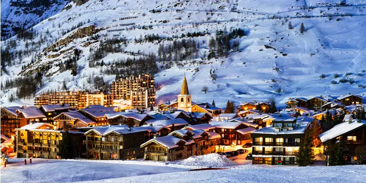 Village of Val d'Isere, France at night
