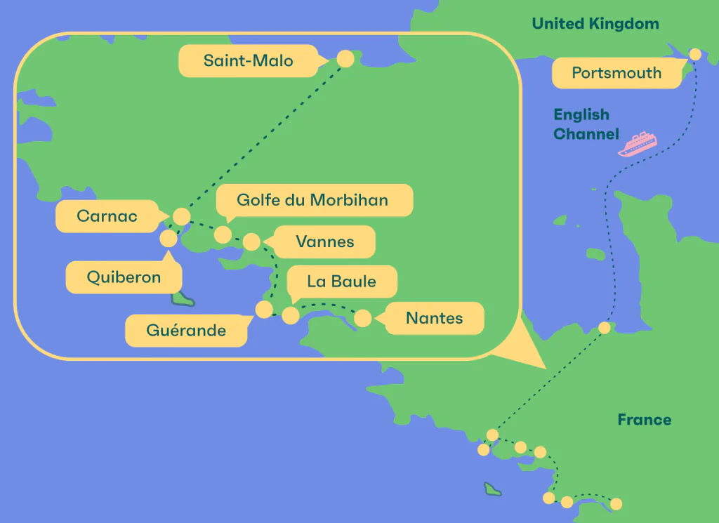 A map showing the ferry route taken. From Portsmouth to Saint-Malo