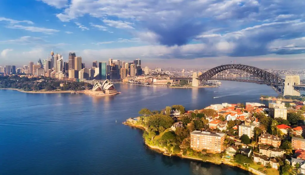 A view from the water across the city of Sydney, Australia