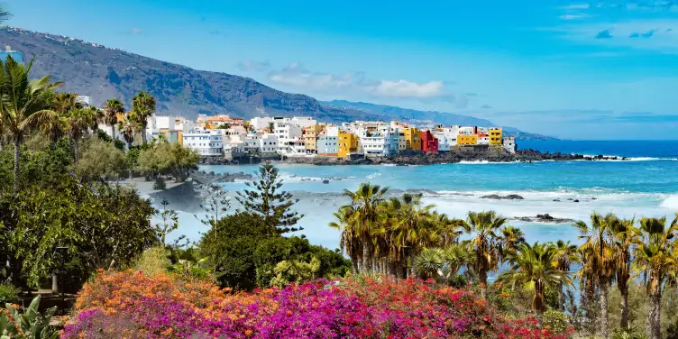 Sunset panorama Puerto de la cruz village coast in Tenerife