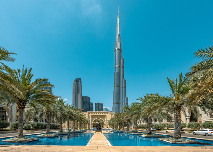 Image of the stunning high-rise skyscraper of Burj Khalifa in Dubai’s financial district, showcasing the highest building in the world.