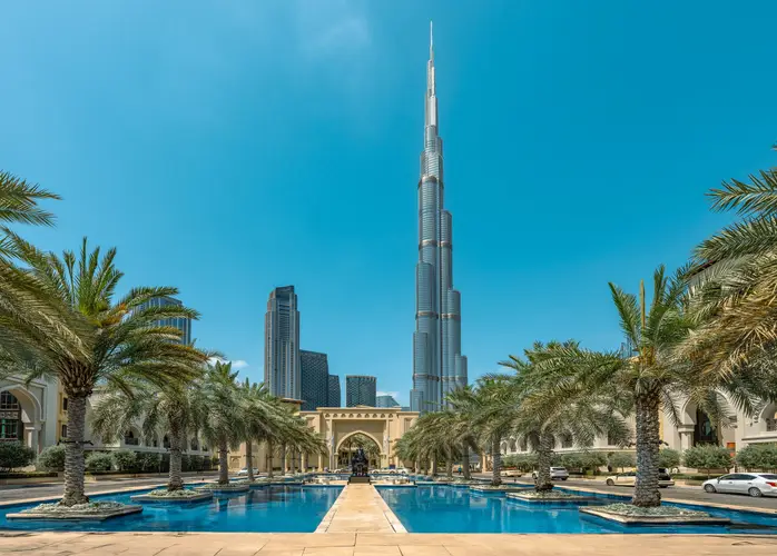 Image of the stunning high-rise skyscraper of Burj Khalifa in Dubai’s financial district, showcasing the highest building in the world.